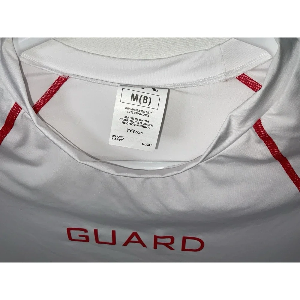 NWT Men's TYR Life Guard Short Sleeve Rashguard Shirt - White‎ & Red - Medium